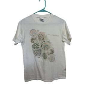 Vtg 90s Hanes Beefy Single Stitch White Seashell T-Shirt Size Small Beach Travel